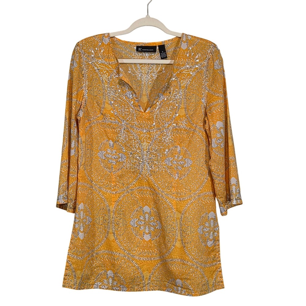 I.N.C. Yellow Embroidered Medallion Tunic Women Size 8 Boho Resort Summer Cotton
